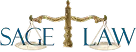 Logo depicting a golden balance scale with the letters S A C E on the left and L A W on the right in dark blue text.